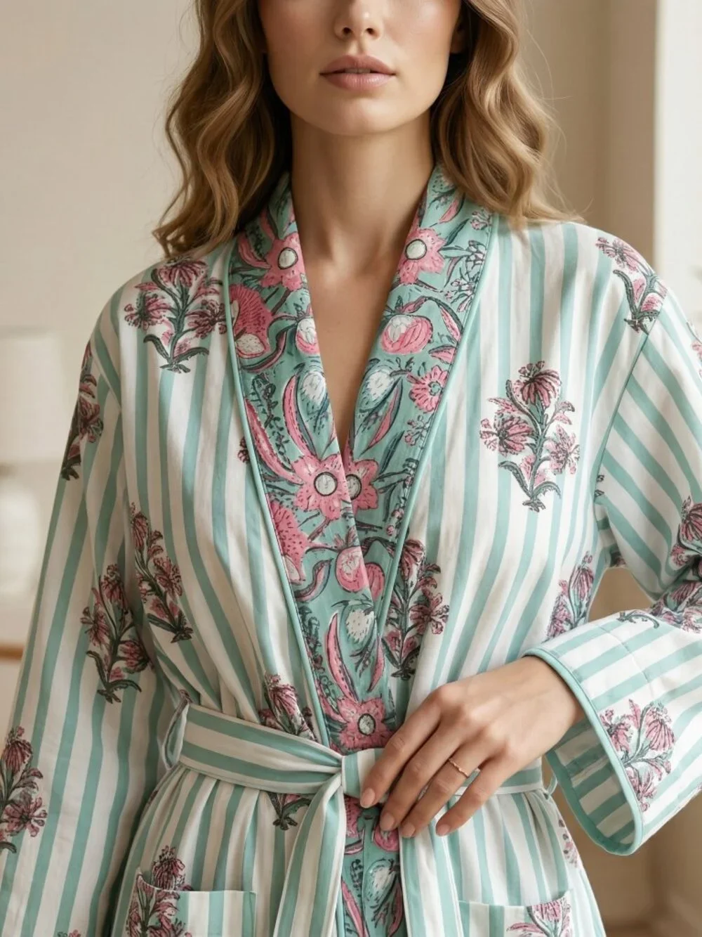 Reversible Cotton Kimono Robe, Hand Block Print Bathrobe, Floral Quilted for Her